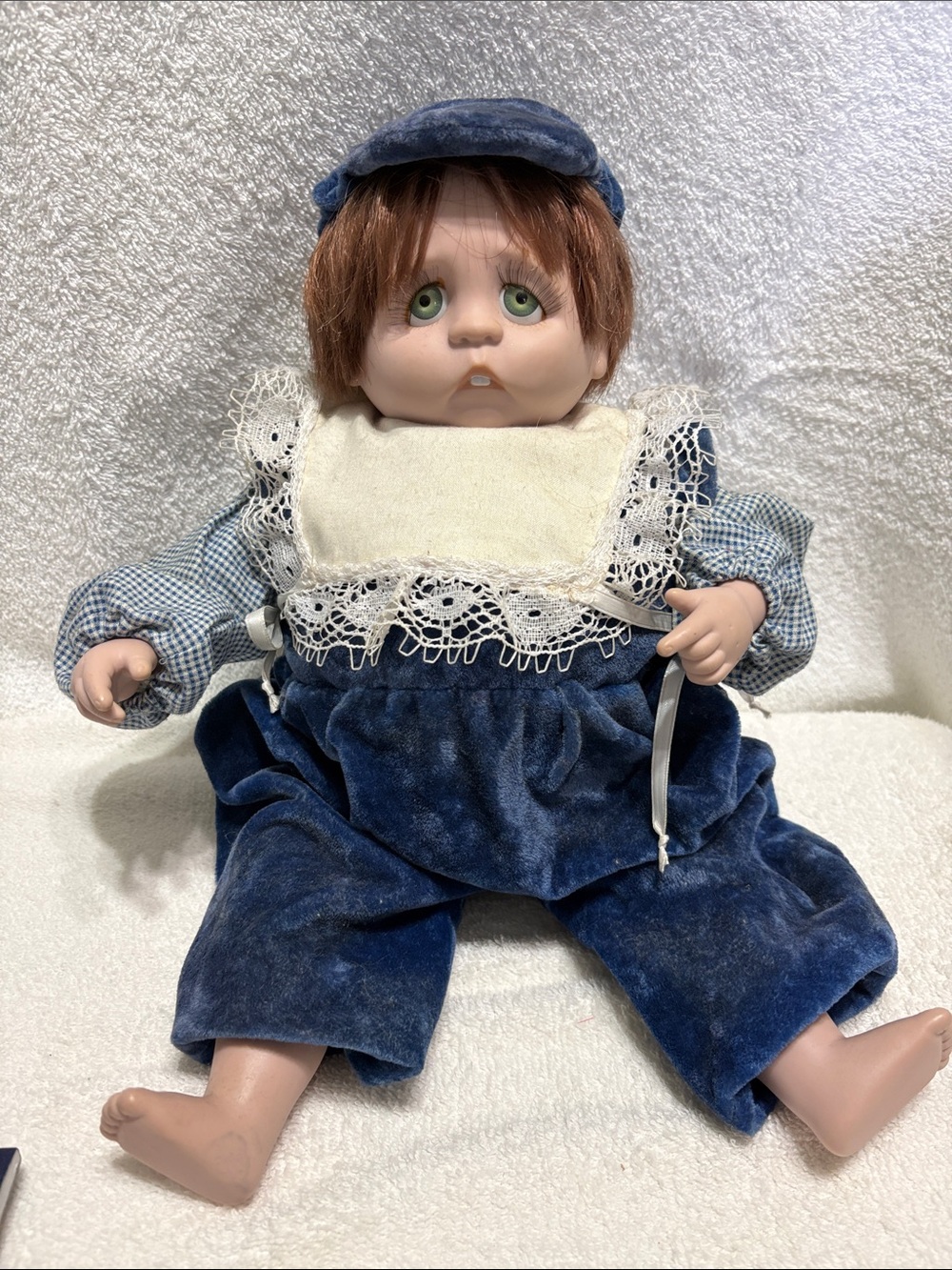 Blue Velvet Baby Doll with Lace Bib - Kids Toy
